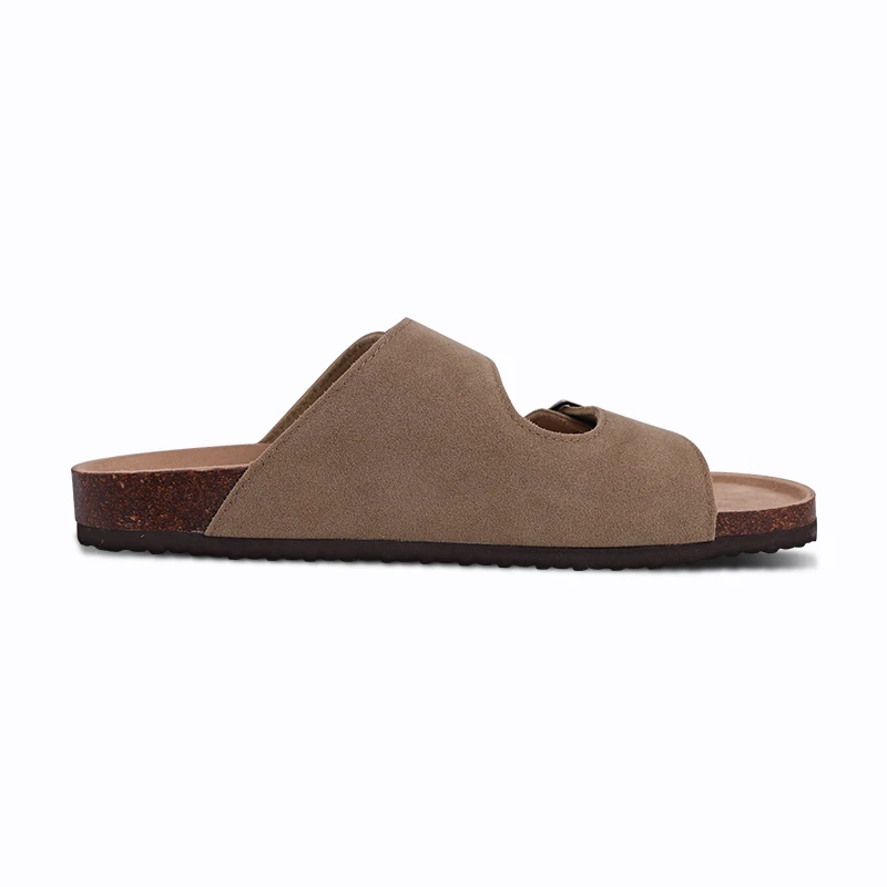 Eyriphy Fashion Leather Unisex Cork Footed Flat Slide Sandals with Arch Support, Men and Women's Double Buckle Memory Foam Slide