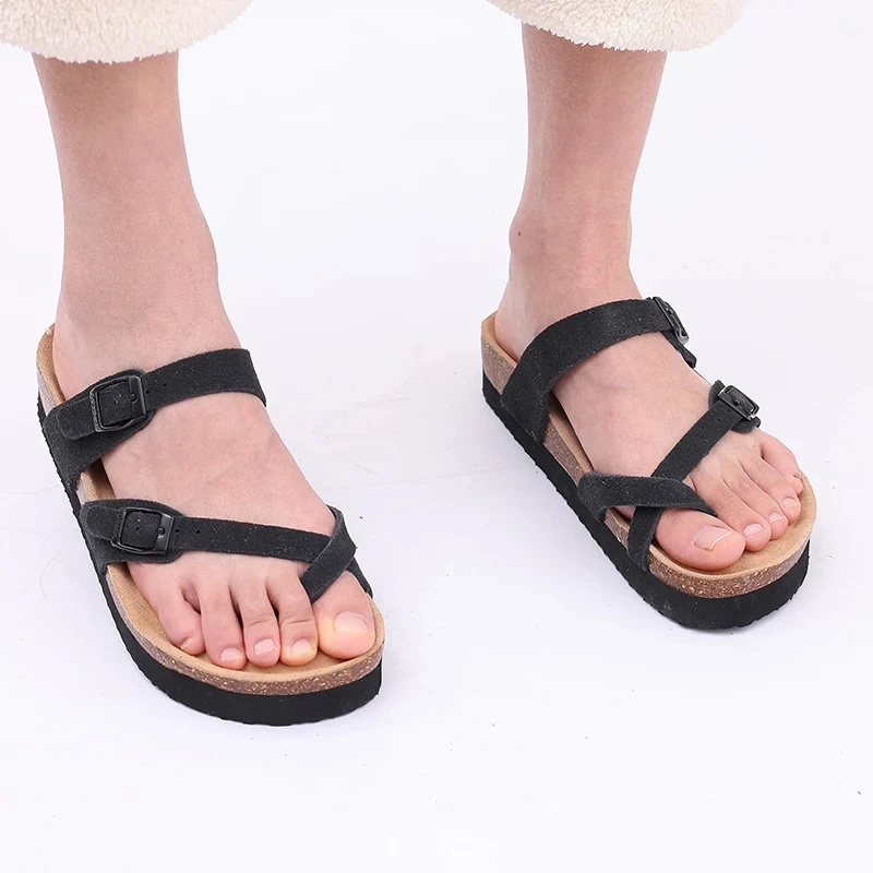 Eyriphy Fashion Leather Unisex Cork Footed Flat Slide Sandals with Arch Support, Men and Women's Double Buckle Memory Foam Slide