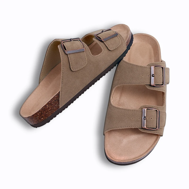 Eyriphy Fashion Leather Unisex Cork Footed Flat Slide Sandals with Arch Support, Men and Women's Double Buckle Memory Foam Slide