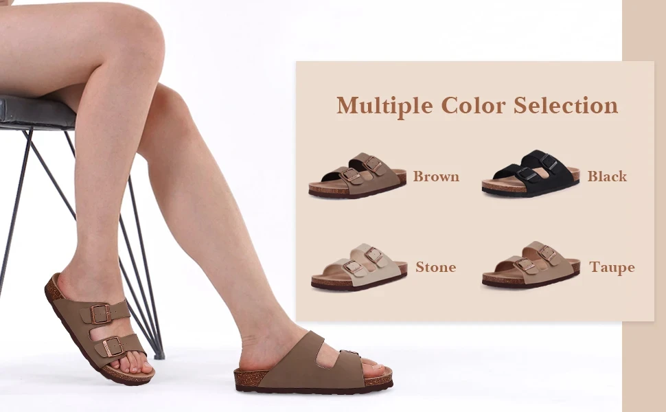 Eyriphy Fashion Leather Unisex Cork Footed Flat Slide Sandals with Arch Support, Men and Women's Double Buckle Memory Foam Slide