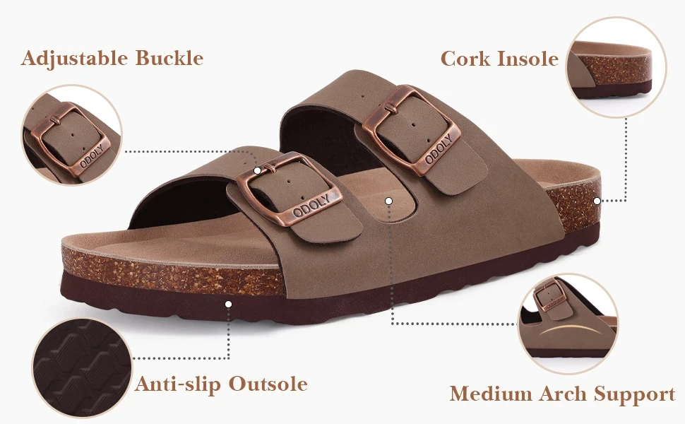 Eyriphy Fashion Leather Unisex Cork Footed Flat Slide Sandals with Arch Support, Men and Women's Double Buckle Memory Foam Slide