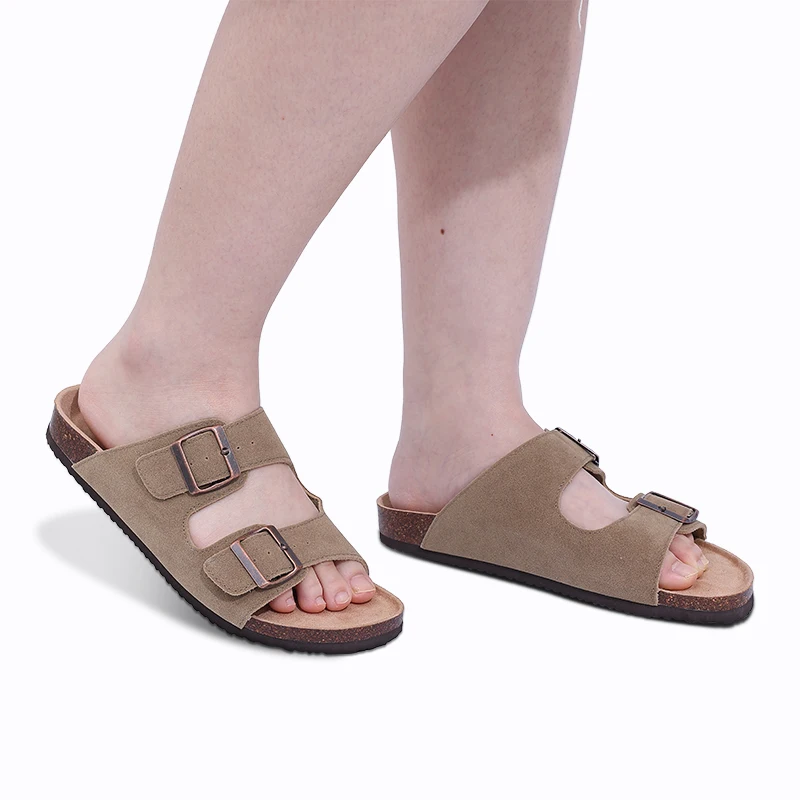 Eyriphy Fashion Leather Unisex Cork Footed Flat Slide Sandals with Arch Support, Men and Women's Double Buckle Memory Foam Slide