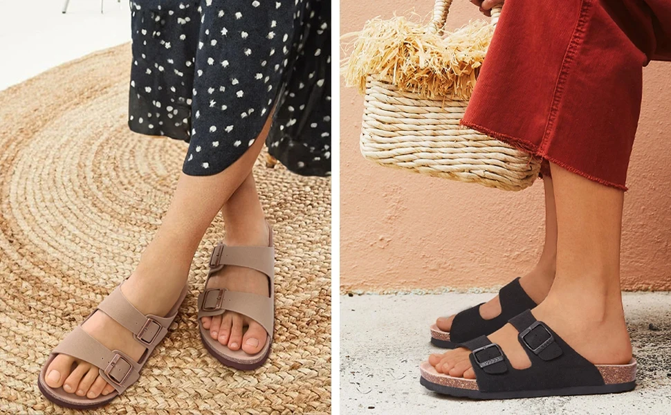 Eyriphy Fashion Leather Unisex Cork Footed Flat Slide Sandals with Arch Support, Men and Women's Double Buckle Memory Foam Slide