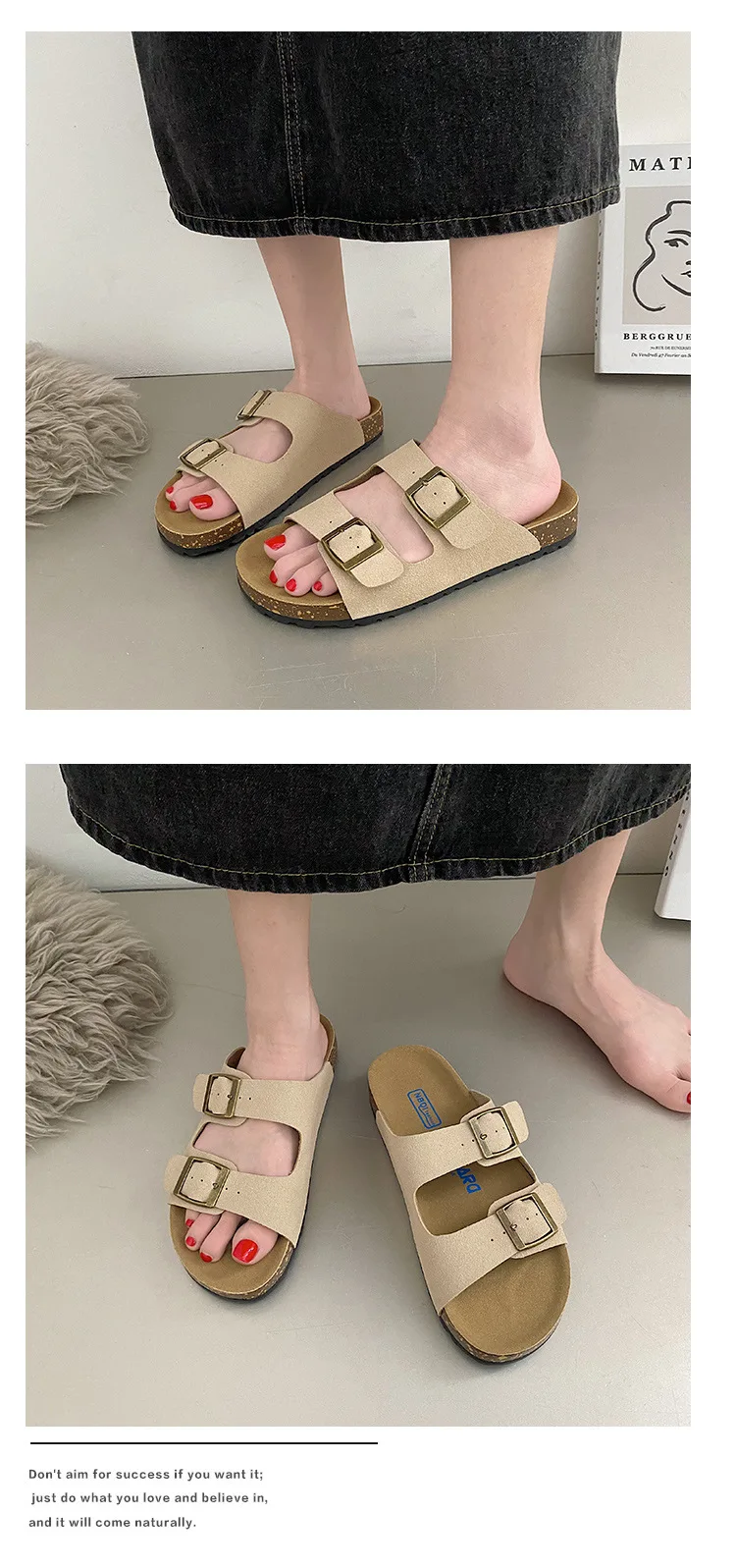 Eyriphy Fashion Leather Unisex Cork Footed Flat Slide Sandals with Arch Support, Men and Women's Double Buckle Memory Foam Slide