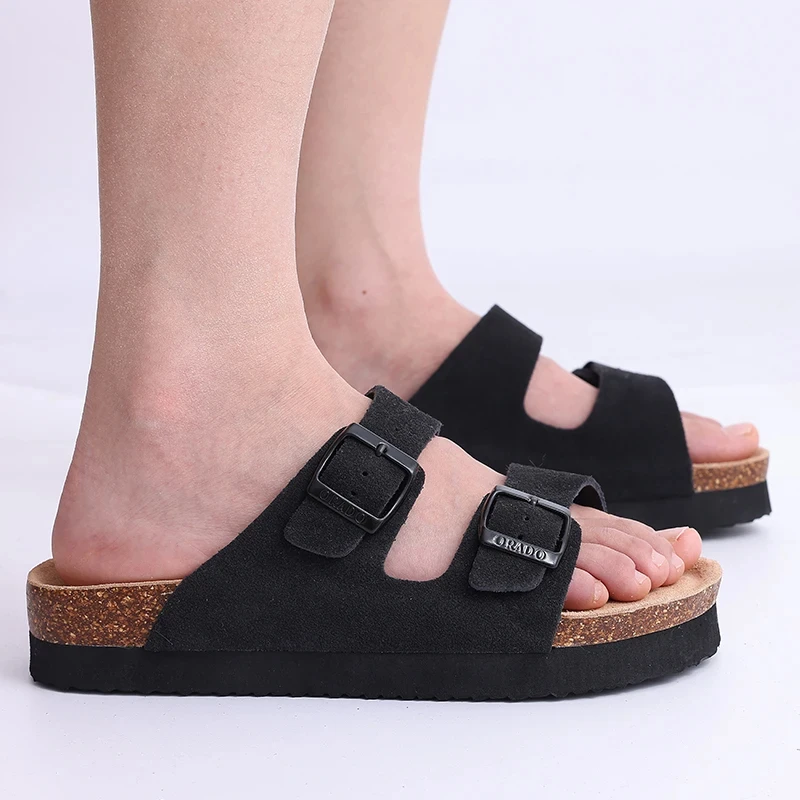 Eyriphy Fashion Leather Unisex Cork Footed Flat Slide Sandals with Arch Support, Men and Women's Double Buckle Memory Foam Slide
