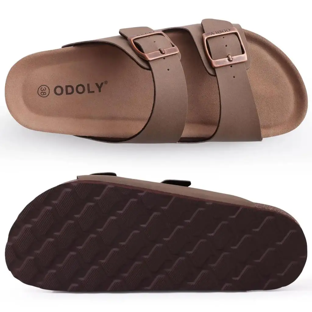 Eyriphy Fashion Leather Unisex Cork Footed Flat Slide Sandals with Arch Support, Men and Women's Double Buckle Memory Foam Slide