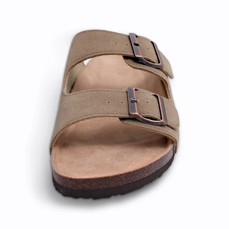 Eyriphy Fashion Leather Unisex Cork Footed Flat Slide Sandals with Arch Support, Men and Women's Double Buckle Memory Foam Slide