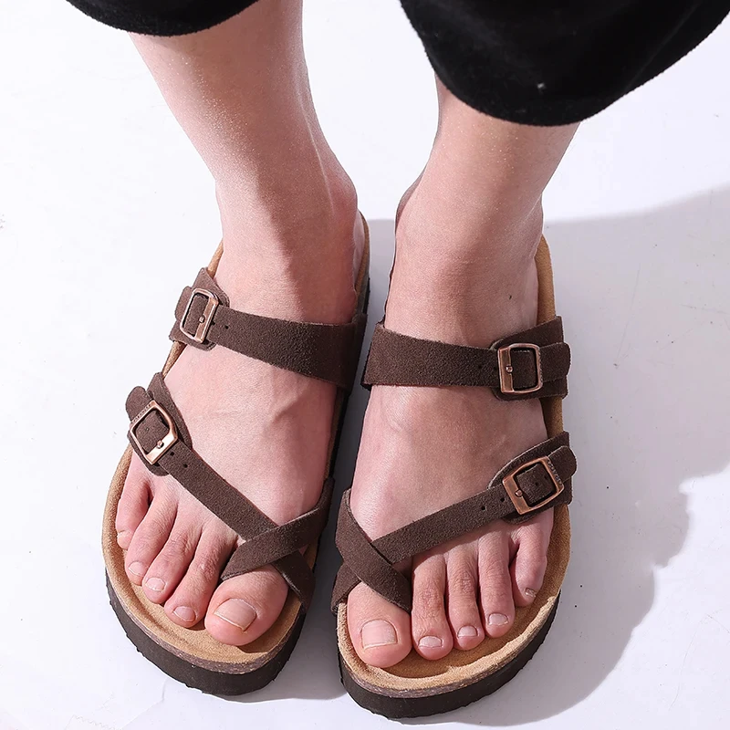 Eyriphy Fashion Leather Unisex Cork Footed Flat Slide Sandals with Arch Support, Men and Women's Double Buckle Memory Foam Slide