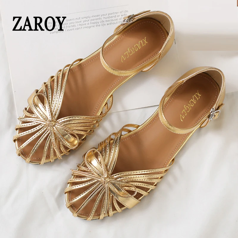 ZAROY Summer Women Flat Sandals Single Strap Hollow Out Gladiator Roman Shoes Pretty Bowtie Sandalias Casual Street Footwear