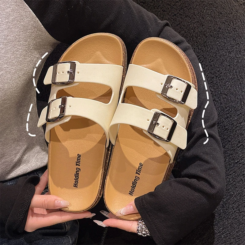 Smile POP 2025 New Double Strap Women's Slippers Summer Adjustable Soft Sole Shoes Outdoor Fashion Flat Bottom Sandals Women