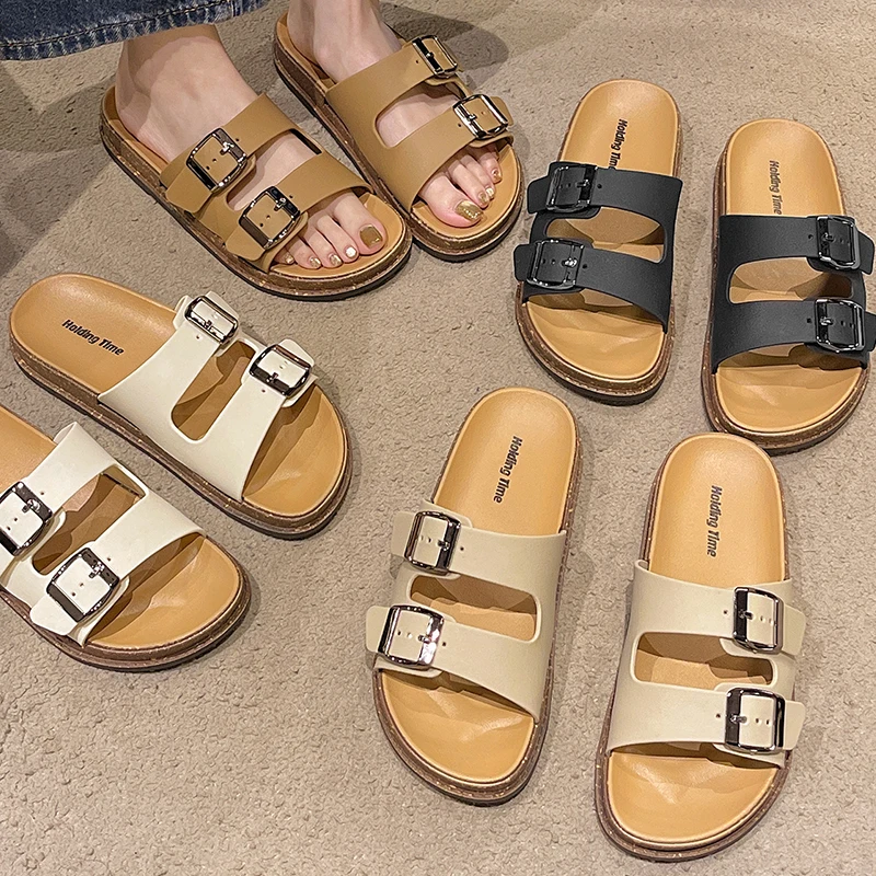 Smile POP 2025 New Double Strap Women's Slippers Summer Adjustable Soft Sole Shoes Outdoor Fashion Flat Bottom Sandals Women