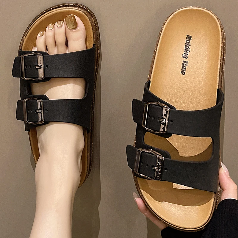 Smile POP 2025 New Double Strap Women's Slippers Summer Adjustable Soft Sole Shoes Outdoor Fashion Flat Bottom Sandals Women