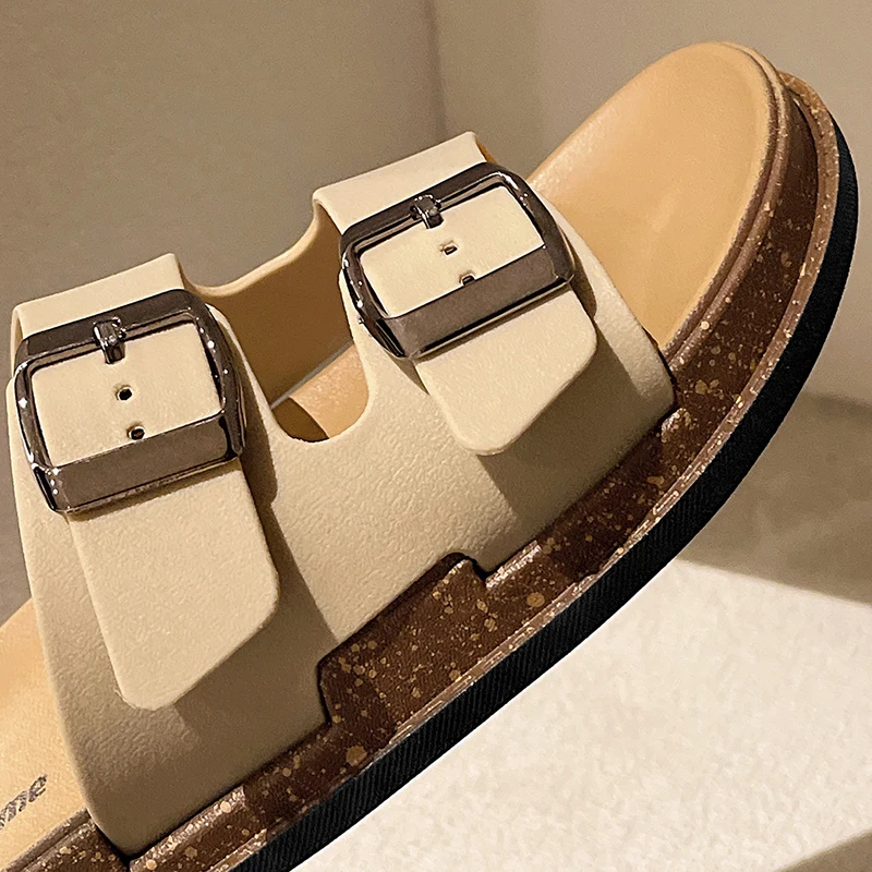 Smile POP 2025 New Double Strap Women's Slippers Summer Adjustable Soft Sole Shoes Outdoor Fashion Flat Bottom Sandals Women