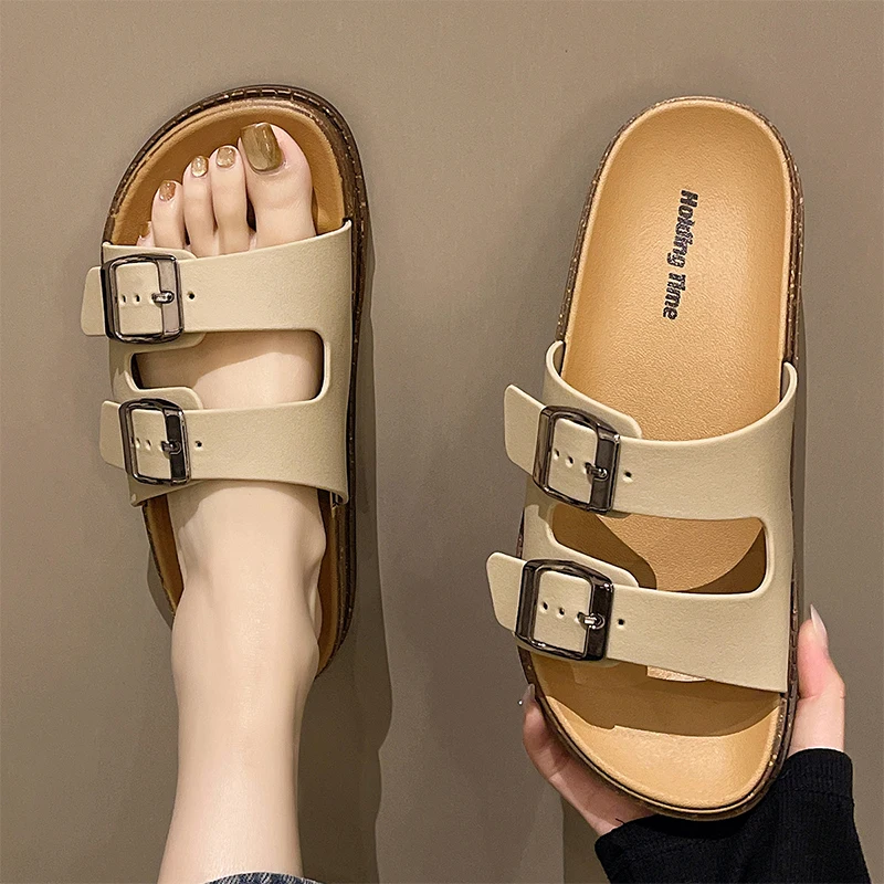 Smile POP 2025 New Double Strap Women's Slippers Summer Adjustable Soft Sole Shoes Outdoor Fashion Flat Bottom Sandals Women