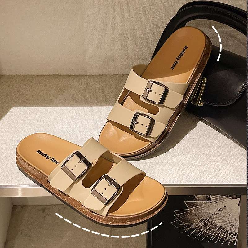 Smile POP 2025 New Double Strap Women's Slippers Summer Adjustable Soft Sole Shoes Outdoor Fashion Flat Bottom Sandals Women