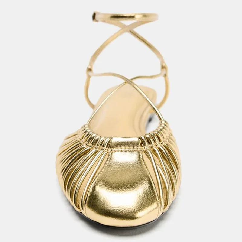 Luxury Gold Ankle Strap Flat Sandals Women Fashion Thin-Strap Woven Design Mules Sandalias Summer Comfortable Flat Beach Shoes