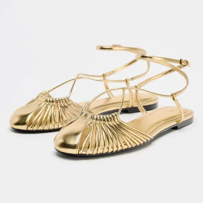 Luxury Gold Ankle Strap Flat Sandals Women Fashion Thin-Strap Woven Design Mules Sandalias Summer Comfortable Flat Beach Shoes Luxury Gold Ankle Strap Flat Sandals Women Fashion Thin-Strap Woven Design Mules Sandalias Summer Comfortable Flat Beach Shoes