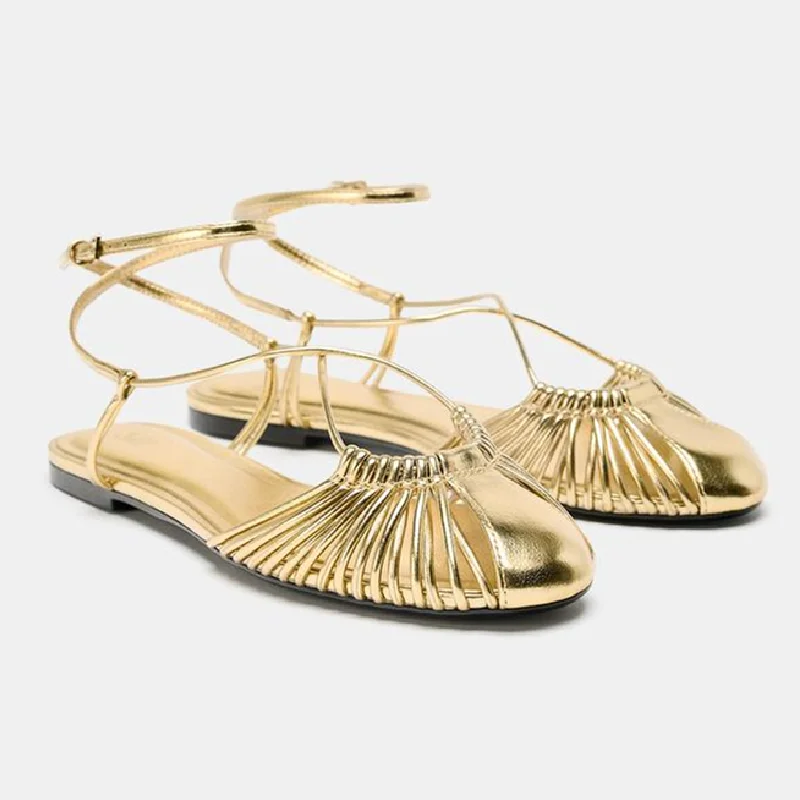 Luxury Gold Ankle Strap Flat Sandals Women Fashion Thin-Strap Woven Design Mules Sandalias Summer Comfortable Flat Beach Shoes