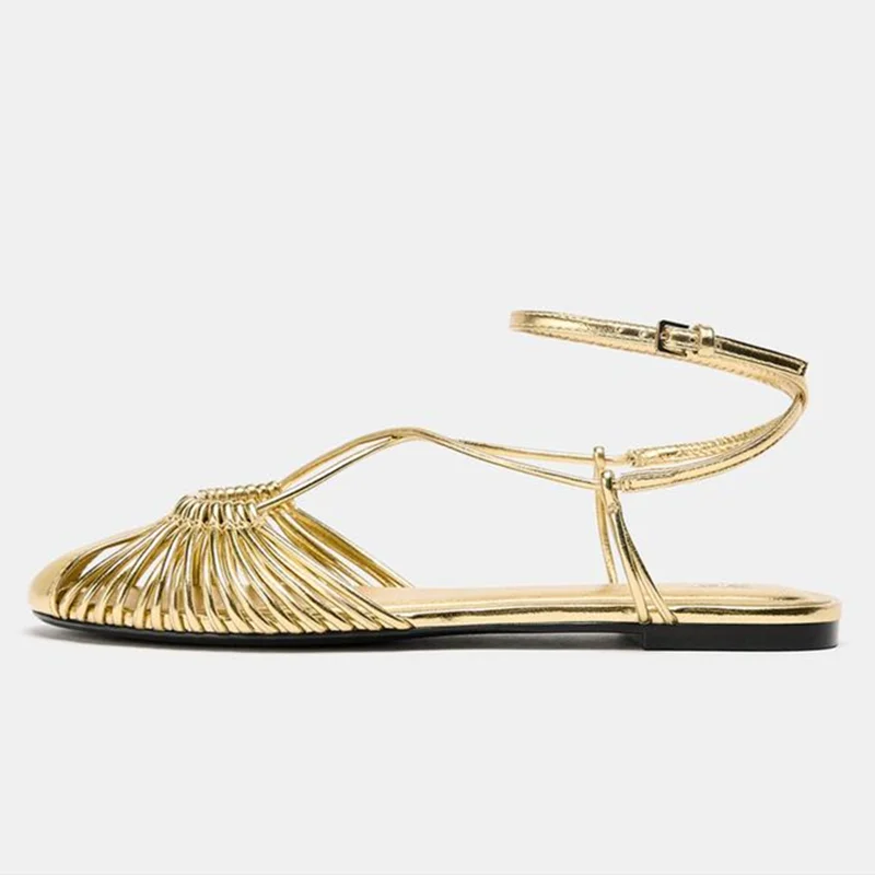 Luxury Gold Ankle Strap Flat Sandals Women Fashion Thin-Strap Woven Design Mules Sandalias Summer Comfortable Flat Beach Shoes Luxury Gold Ankle Strap Flat Sandals Women Fashion Thin-Strap Woven Design Mules Sandalias Summer Comfortable Flat Beach Shoes