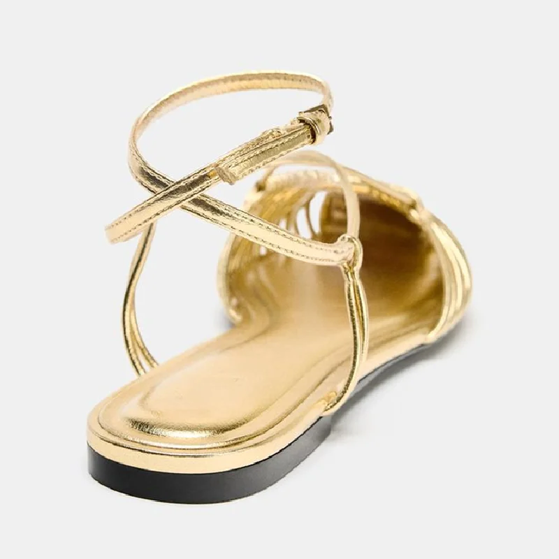 Luxury Gold Ankle Strap Flat Sandals Women Fashion Thin-Strap Woven Design Mules Sandalias Summer Comfortable Flat Beach Shoes