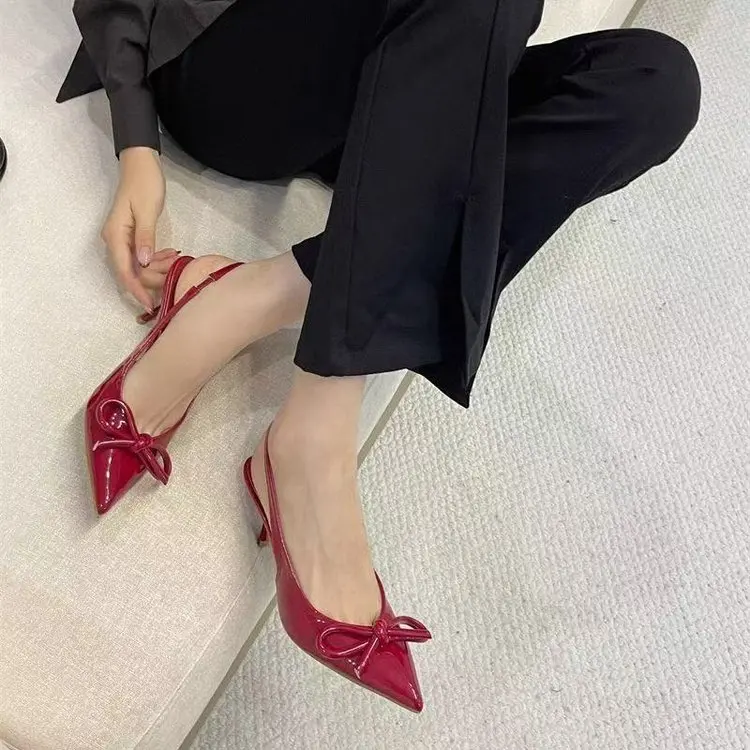 2025 Summer NewFrench Wine Red Pointed Patent Leather Bow Mid-heel Overhead Sandals for Women Retro Skinny Heel Back Empty Shoes