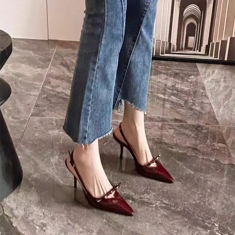 2025 Summer NewFrench Wine Red Pointed Patent Leather Bow Mid-heel Overhead Sandals for Women Retro Skinny Heel Back Empty Shoes
