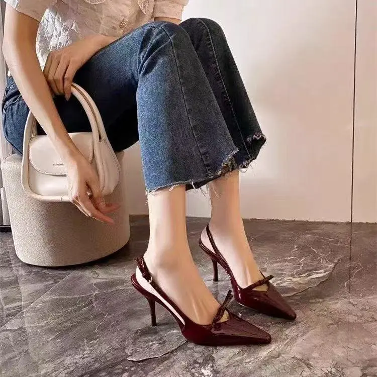 2025 Summer NewFrench Wine Red Pointed Patent Leather Bow Mid-heel Overhead Sandals for Women Retro Skinny Heel Back Empty Shoes
