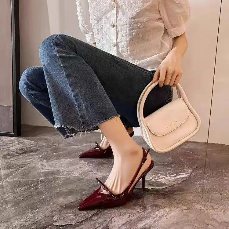 2025 Summer NewFrench Wine Red Pointed Patent Leather Bow Mid-heel Overhead Sandals for Women Retro Skinny Heel Back Empty Shoes