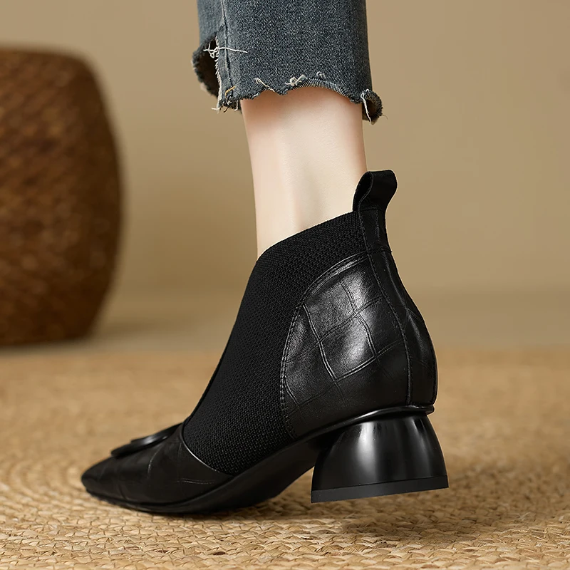 【JOCHEBED HU】Handmade Brand Genuine Leather Women Ankle Boots Mid Heels Square toe Autumn Winter Dress Party Lady 34-43 【JOCHEBED HU】Handmade Brand Genuine Leather Women Ankle Boots Mid Heels Square toe Autumn Winter Dress Party Lady 34-43