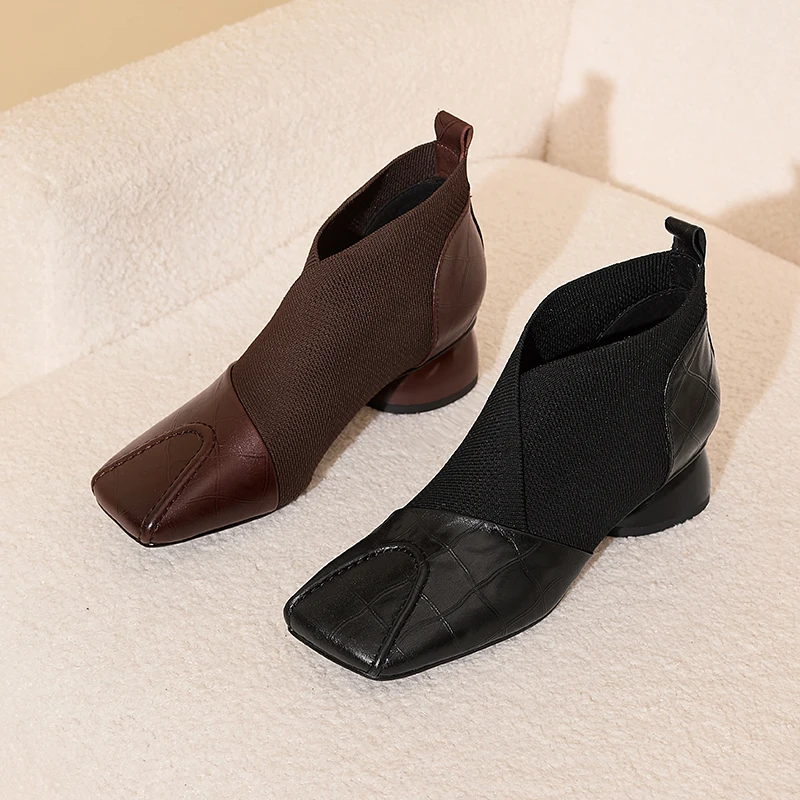 【JOCHEBED HU】Handmade Brand Genuine Leather Women Ankle Boots Mid Heels Square toe Autumn Winter Dress Party Lady 34-43 【JOCHEBED HU】Handmade Brand Genuine Leather Women Ankle Boots Mid Heels Square toe Autumn Winter Dress Party Lady 34-43