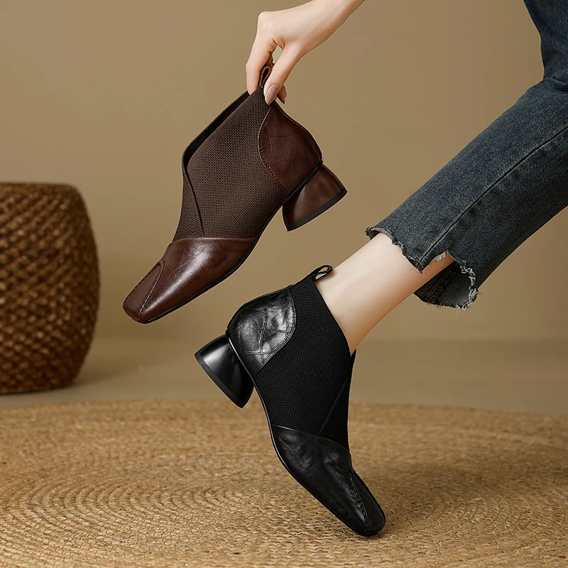 【JOCHEBED HU】Handmade Brand Genuine Leather Women Ankle Boots Mid Heels Square toe Autumn Winter Dress Party Lady 34-43 【JOCHEBED HU】Handmade Brand Genuine Leather Women Ankle Boots Mid Heels Square toe Autumn Winter Dress Party Lady 34-43