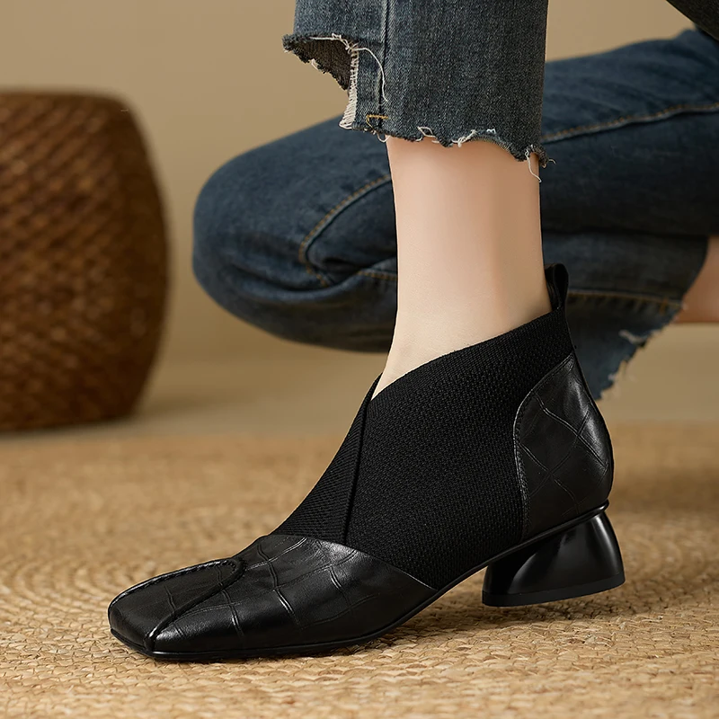 【JOCHEBED HU】Handmade Brand Genuine Leather Women Ankle Boots Mid Heels Square toe Autumn Winter Dress Party Lady 34-43 【JOCHEBED HU】Handmade Brand Genuine Leather Women Ankle Boots Mid Heels Square toe Autumn Winter Dress Party Lady 34-43