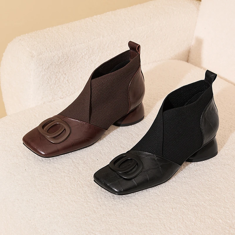 【JOCHEBED HU】Handmade Brand Genuine Leather Women Ankle Boots Mid Heels Square toe Autumn Winter Dress Party Lady 34-43 【JOCHEBED HU】Handmade Brand Genuine Leather Women Ankle Boots Mid Heels Square toe Autumn Winter Dress Party Lady 34-43