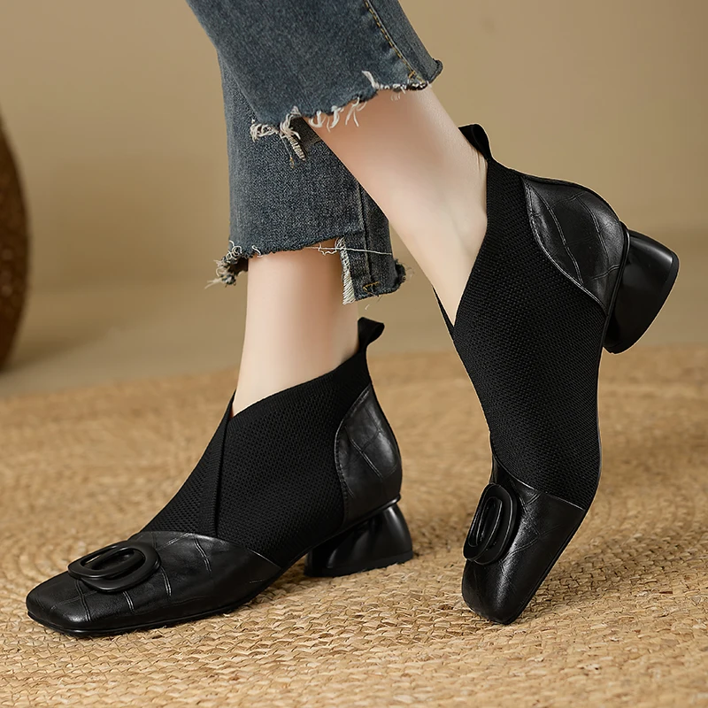【JOCHEBED HU】Handmade Brand Genuine Leather Women Ankle Boots Mid Heels Square toe Autumn Winter Dress Party Lady 34-43 【JOCHEBED HU】Handmade Brand Genuine Leather Women Ankle Boots Mid Heels Square toe Autumn Winter Dress Party Lady 34-43