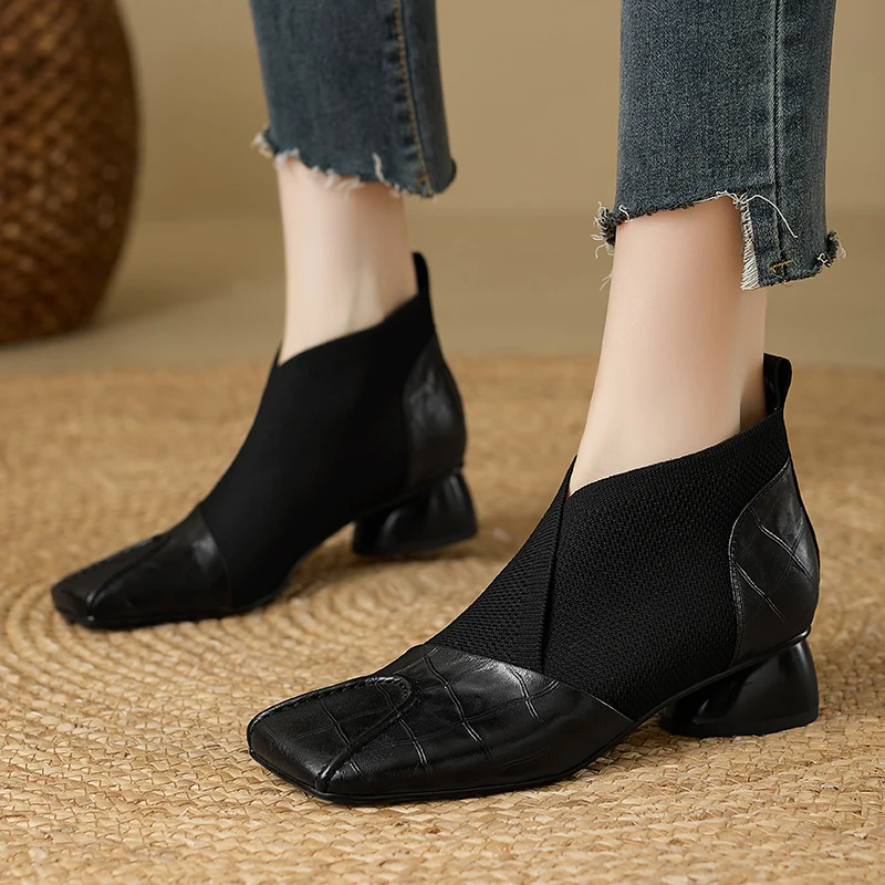 【JOCHEBED HU】Handmade Brand Genuine Leather Women Ankle Boots Mid Heels Square toe Autumn Winter Dress Party Lady 34-43 【JOCHEBED HU】Handmade Brand Genuine Leather Women Ankle Boots Mid Heels Square toe Autumn Winter Dress Party Lady 34-43