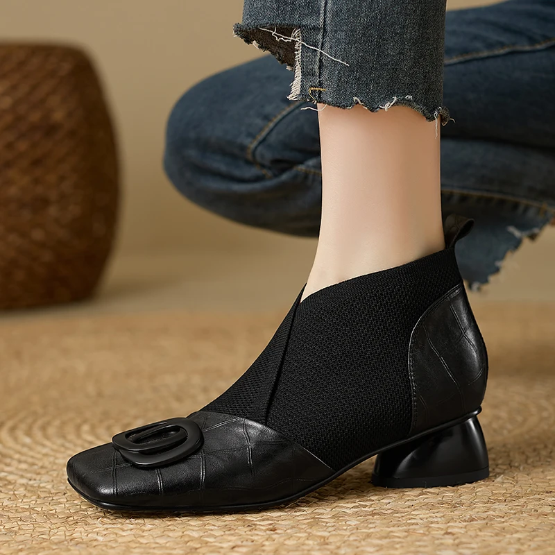 【JOCHEBED HU】Handmade Brand Genuine Leather Women Ankle Boots Mid Heels Square toe Autumn Winter Dress Party Lady 34-43 【JOCHEBED HU】Handmade Brand Genuine Leather Women Ankle Boots Mid Heels Square toe Autumn Winter Dress Party Lady 34-43