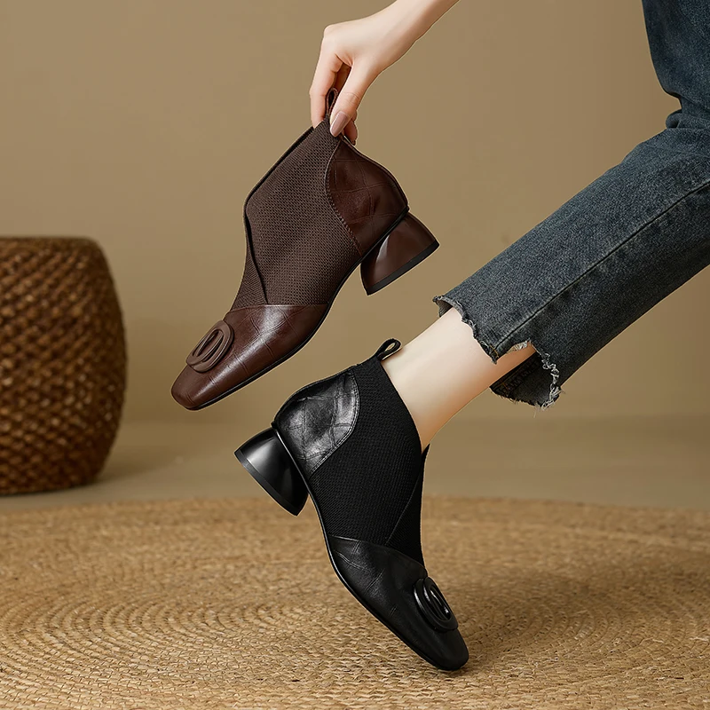 【JOCHEBED HU】Handmade Brand Genuine Leather Women Ankle Boots Mid Heels Square toe Autumn Winter Dress Party Lady 34-43 【JOCHEBED HU】Handmade Brand Genuine Leather Women Ankle Boots Mid Heels Square toe Autumn Winter Dress Party Lady 34-43