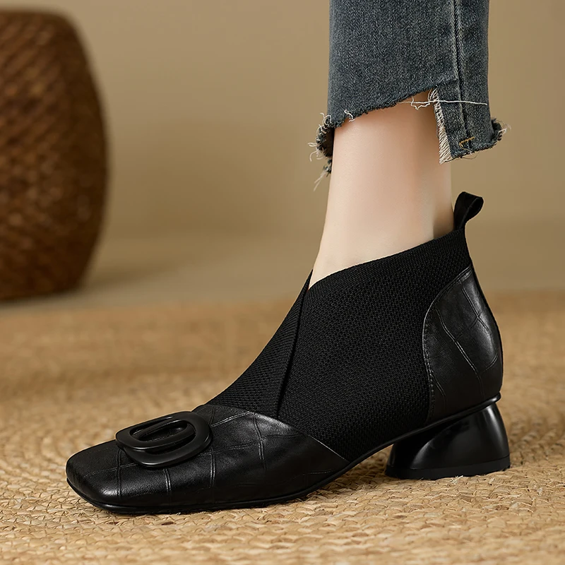 【JOCHEBED HU】Handmade Brand Genuine Leather Women Ankle Boots Mid Heels Square toe Autumn Winter Dress Party Lady 34-43 【JOCHEBED HU】Handmade Brand Genuine Leather Women Ankle Boots Mid Heels Square toe Autumn Winter Dress Party Lady 34-43