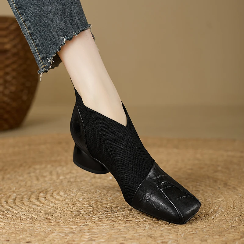 【JOCHEBED HU】Handmade Brand Genuine Leather Women Ankle Boots Mid Heels Square toe Autumn Winter Dress Party Lady 34-43 【JOCHEBED HU】Handmade Brand Genuine Leather Women Ankle Boots Mid Heels Square toe Autumn Winter Dress Party Lady 34-43