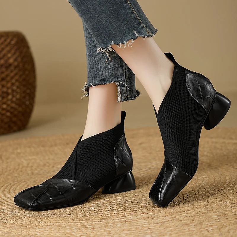 【JOCHEBED HU】Handmade Brand Genuine Leather Women Ankle Boots Mid Heels Square toe Autumn Winter Dress Party Lady 34-43 【JOCHEBED HU】Handmade Brand Genuine Leather Women Ankle Boots Mid Heels Square toe Autumn Winter Dress Party Lady 34-43