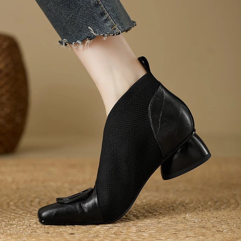 【JOCHEBED HU】Handmade Brand Genuine Leather Women Ankle Boots Mid Heels Square toe Autumn Winter Dress Party Lady 34-43 【JOCHEBED HU】Handmade Brand Genuine Leather Women Ankle Boots Mid Heels Square toe Autumn Winter Dress Party Lady 34-43