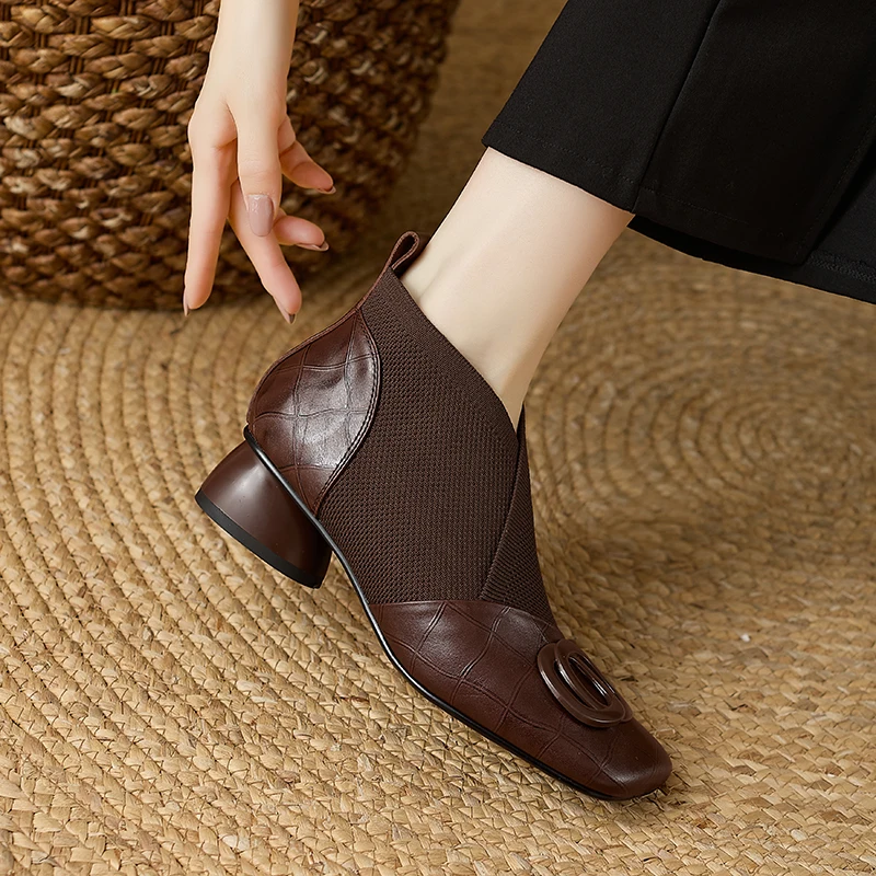 【JOCHEBED HU】Handmade Brand Genuine Leather Women Ankle Boots Mid Heels Square toe Autumn Winter Dress Party Lady 34-43 【JOCHEBED HU】Handmade Brand Genuine Leather Women Ankle Boots Mid Heels Square toe Autumn Winter Dress Party Lady 34-43