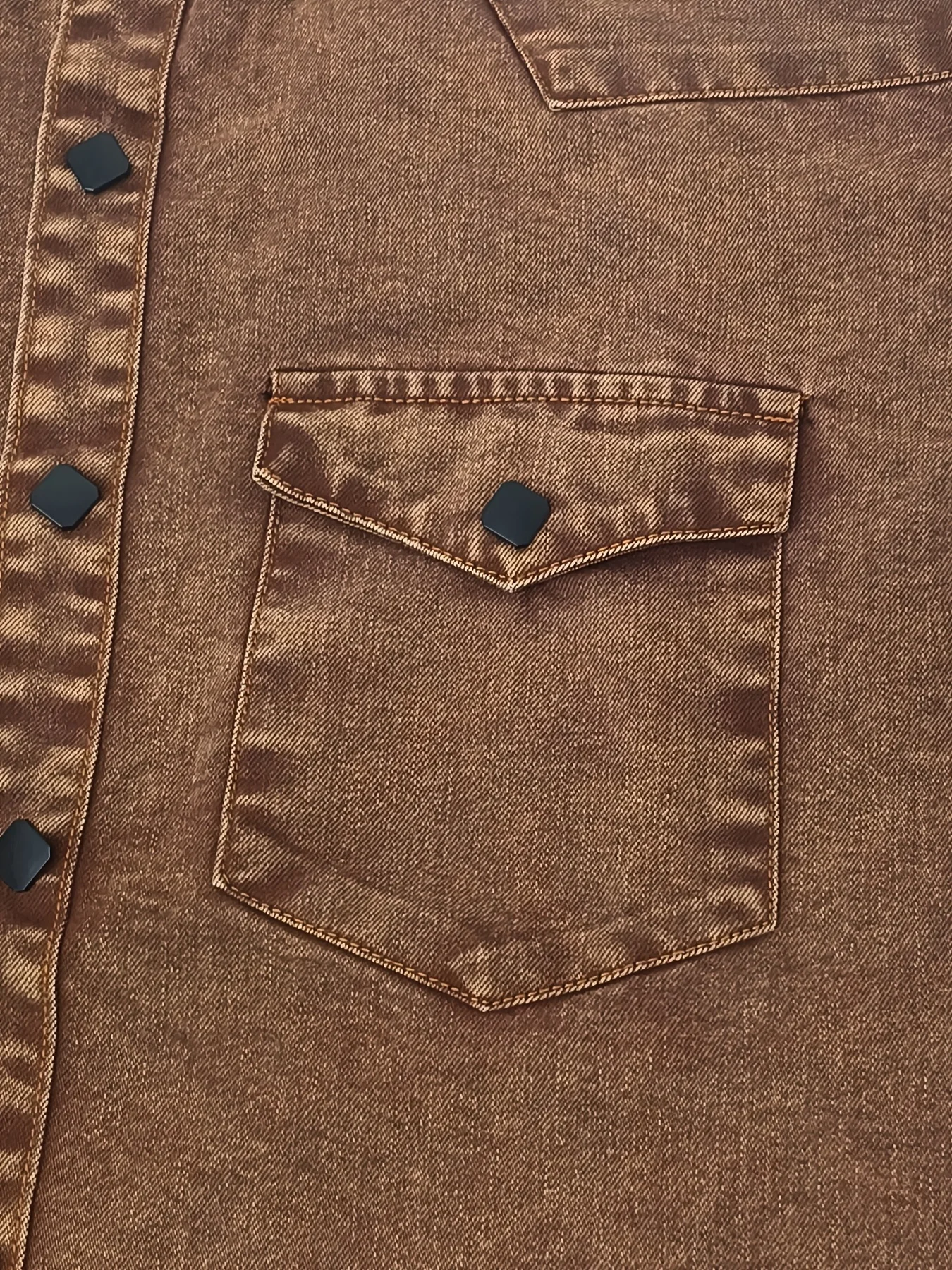 Men's Vintage Washed Denim Shirt Long Sleeve, Hand-Washed Workwear Style Brown Shirt with Double Pockets and Diamond Buttons, Ca