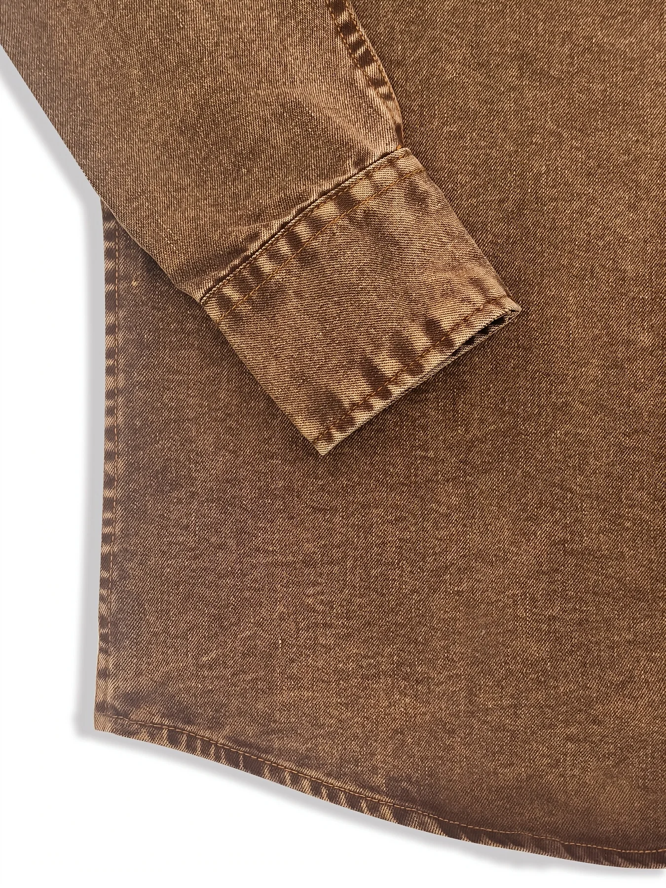 Men's Vintage Washed Denim Shirt Long Sleeve, Hand-Washed Workwear Style Brown Shirt with Double Pockets and Diamond Buttons, Ca