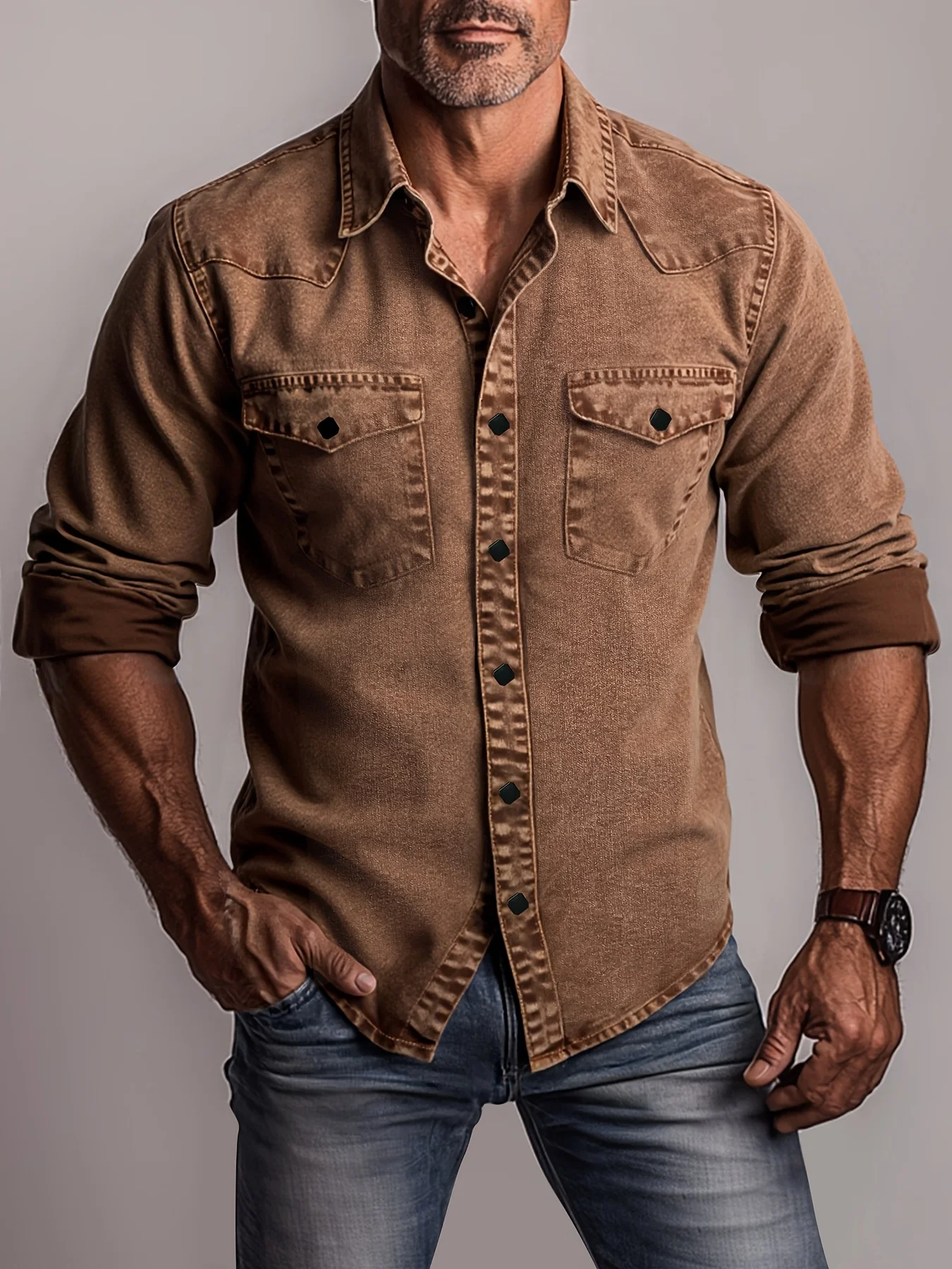 Men's Vintage Washed Denim Shirt Long Sleeve, Hand-Washed Workwear Style Brown Shirt with Double Pockets and Diamond Buttons, Ca