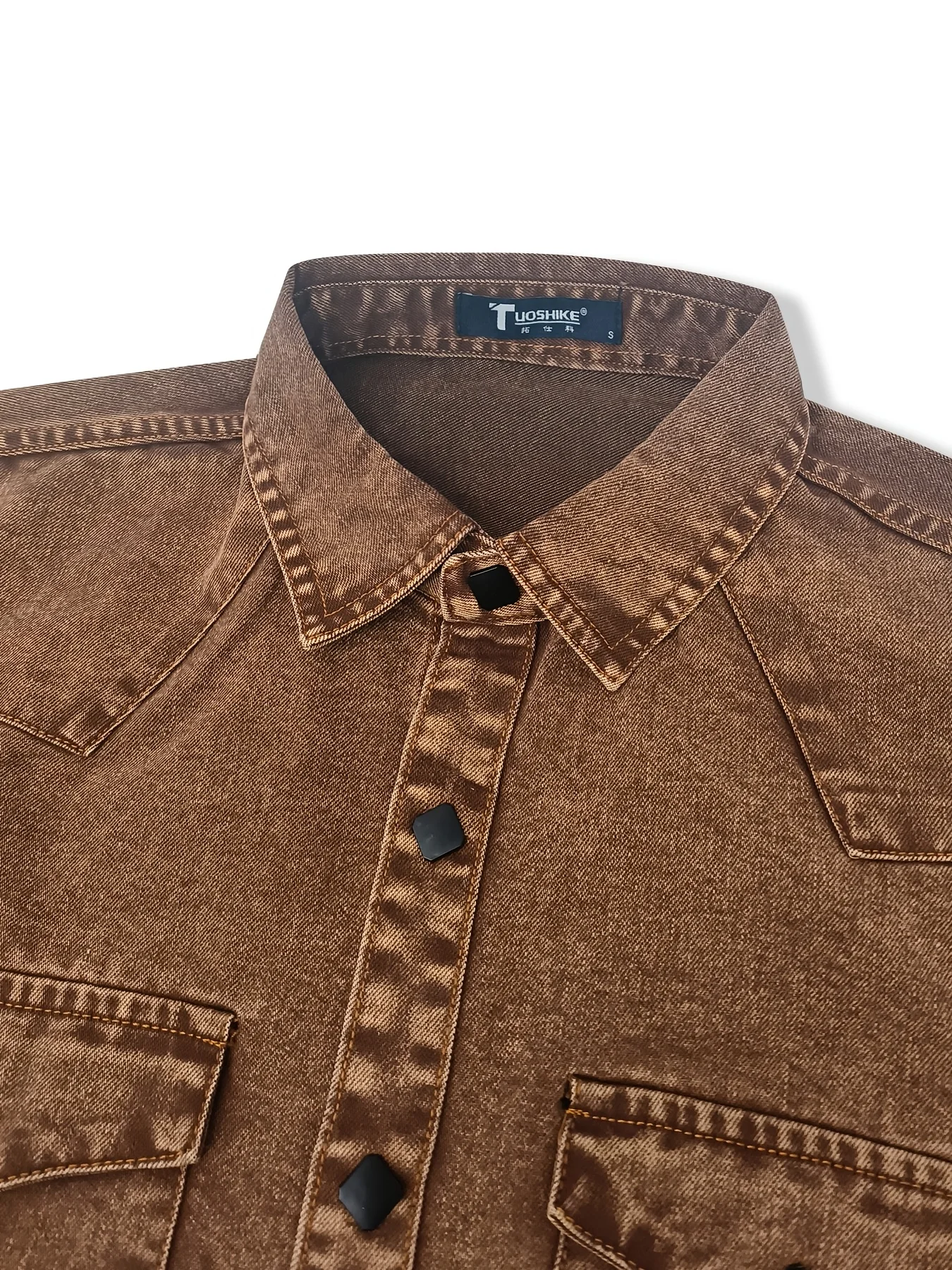Men's Vintage Washed Denim Shirt Long Sleeve, Hand-Washed Workwear Style Brown Shirt with Double Pockets and Diamond Buttons, Ca