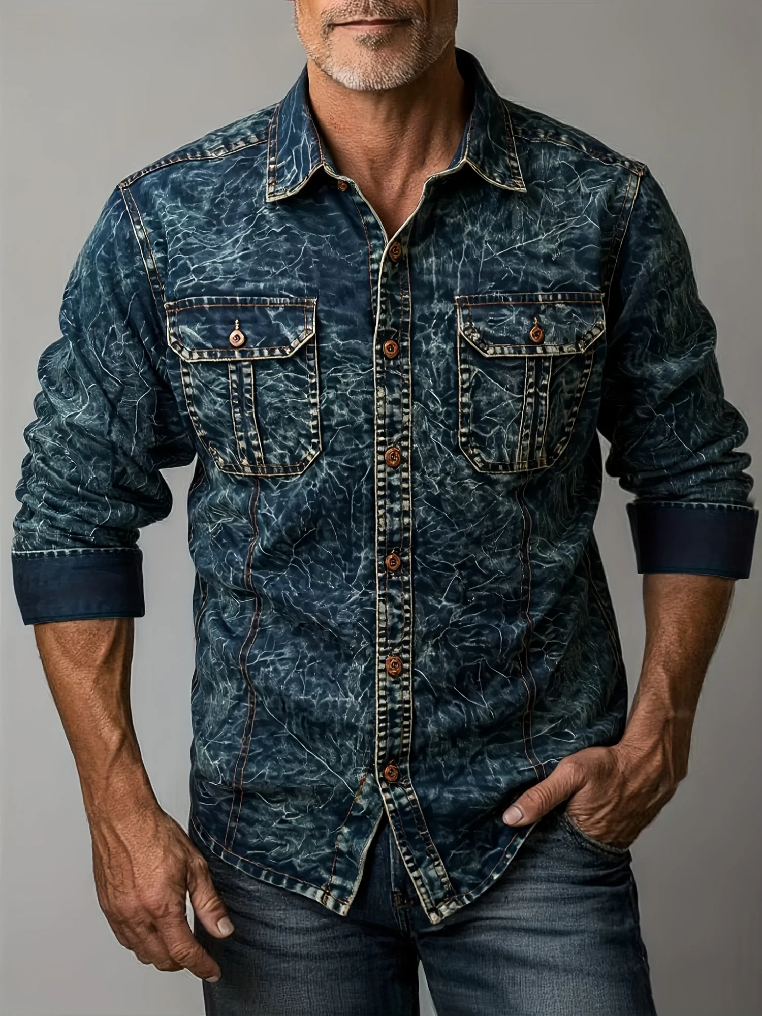 New Long-Sleeved Denim Shirt, New Trendy Men's Casual Shirt, Versatile High-Grade Double-Pocket Tie-Dye Top, Color-Block Denim M New Long-Sleeved Denim Shirt, New Trendy Men's Casual Shirt, Versatile High-Grade Double-Pocket Tie-Dye Top, Color-Block Denim M