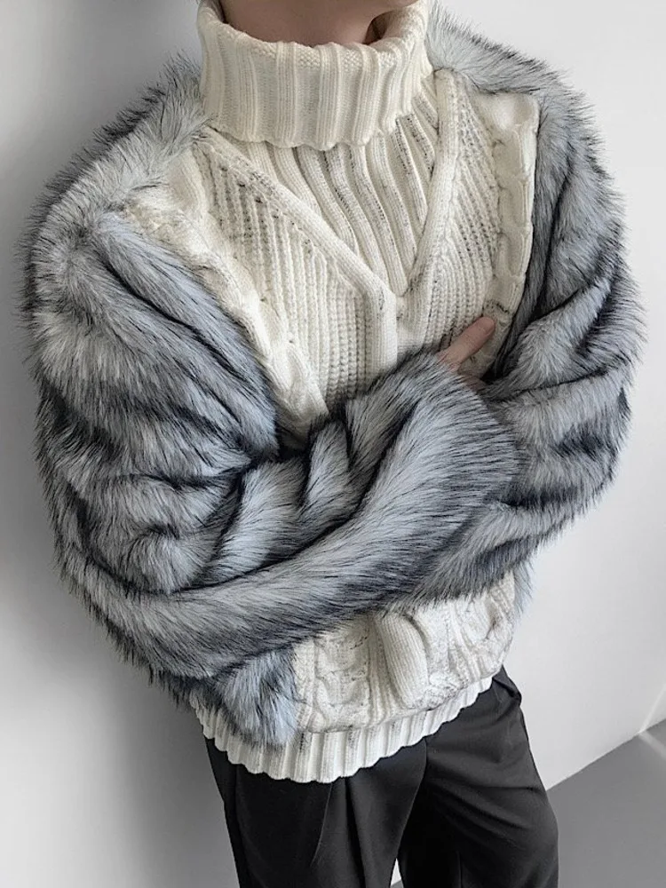 HKSH Autumn Winter New Men Trendy Design Thickened Turtleneck Sweater Faux Fur Plush Patchwork Twisted Knitted Pullovers HK16331