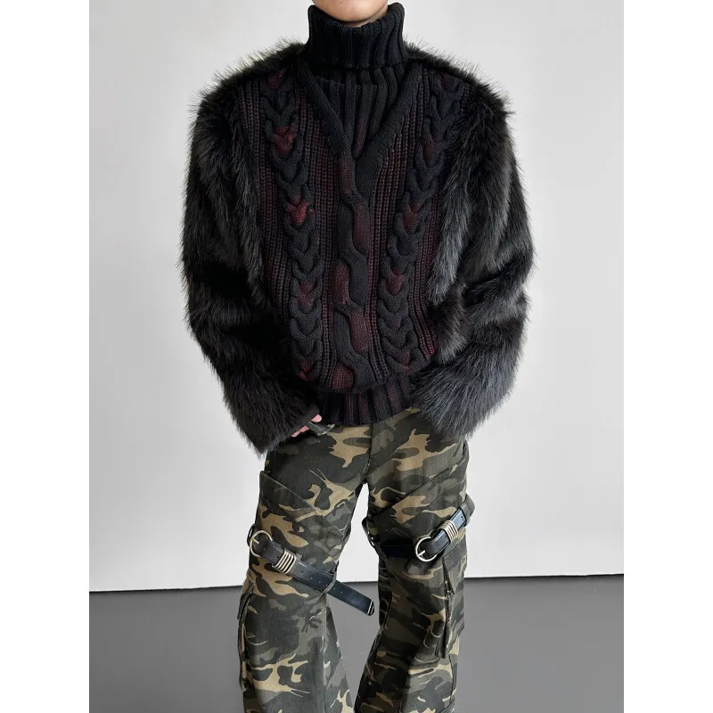 HKSH Autumn Winter New Men Trendy Design Thickened Turtleneck Sweater Faux Fur Plush Patchwork Twisted Knitted Pullovers HK16331