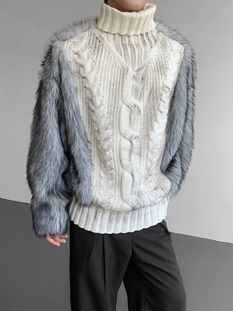 HKSH Autumn Winter New Men Trendy Design Thickened Turtleneck Sweater Faux Fur Plush Patchwork Twisted Knitted Pullovers HK16331